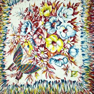 Vintage Painterly Butterfly Scarf Lrg 31x35 Multi-Color Florals 40s 50s *FLAW*